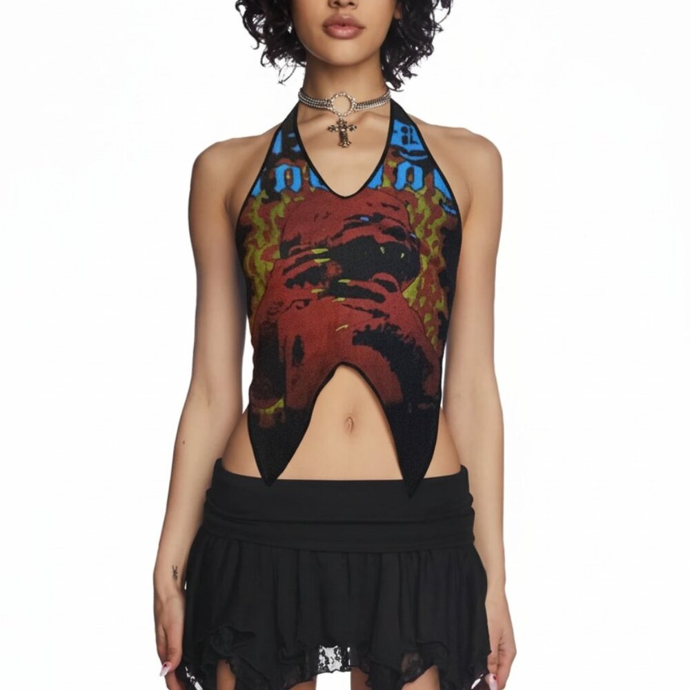 🔥 90s Vintage Band Halter Top – Black Sabbath Born Again Album Print (XS)